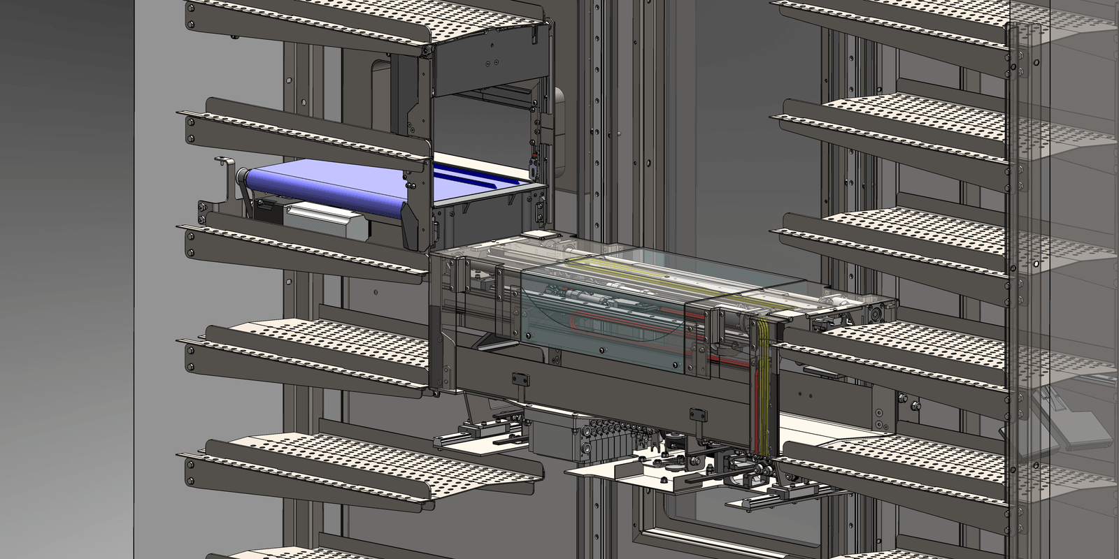 Section view rendering showing double sided product manipulation head and custom mini conveyor inside unit